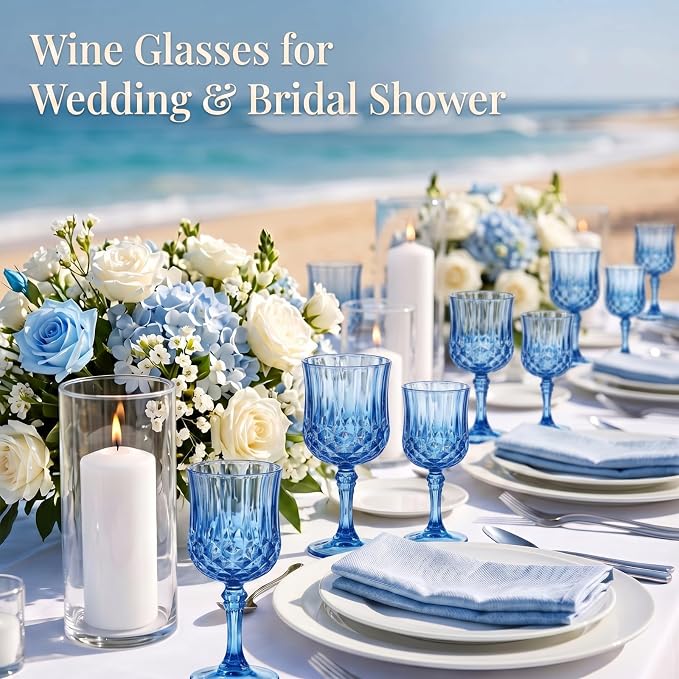 Pinkunn 50 Pcs 7 oz Plastic Vintage Wine Glasses Reusable Colored Goblets Patterned Drinking Water Glasses Cup Dishwasher Safe for Mother's Day Wedding Reception Party Supplies (Dark Blue)