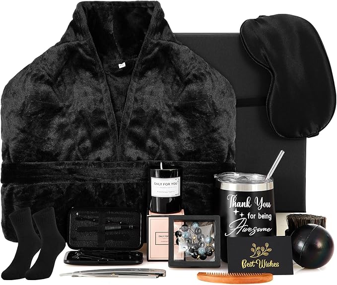 Nuogo 15 Pcs Birthday Gifts for Men Beard Care Set for Him Dad Birthday Gifts Basket Ideas Kit for Men Tumbler Bath Robe for Father's Day Dad Husband Boyfriend Box (Unhooded,Black)