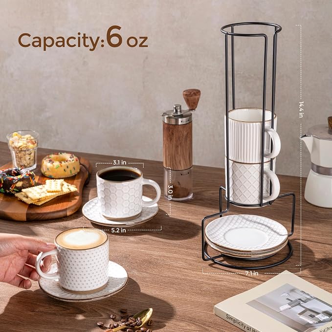 GBhome 6OZ Stackable Coffee Mugs with Stand and Saucer, Ceramic Coffee Mugs Set of 4 with Texture Patterns for Man,Woman,Dad,Mom, Modern Coffee Cups for Latte/Espresso. Dishwasher&Microwave Safe