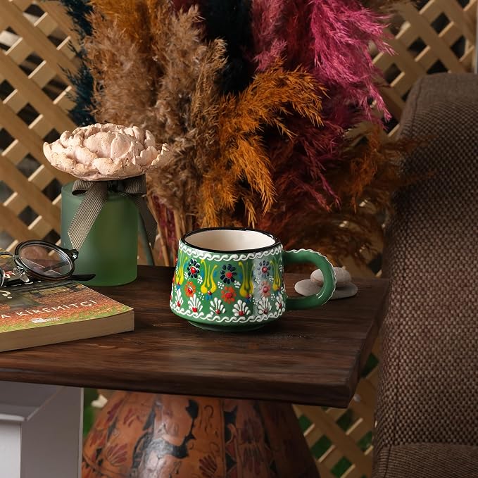 BCS 6 Oz Cappuccino Cups Set of 2, Ceramic Coffee & Tea Mugs, Colorful Handmade Cups, Dishwasher & Microwave Safe Ceramic Mugs (3 Inches, Orange - Green)
