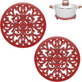 Sumnacon Cast Iron Trivet 2 Pcs 6.7 Inch Iron Trivet for Hot Dish Pot Pan Plate Teapot,Heat Resistant Cast Iron Trivets with Rubber Feets for Kitchen Dining Table Cooktop Stove,Retro Red