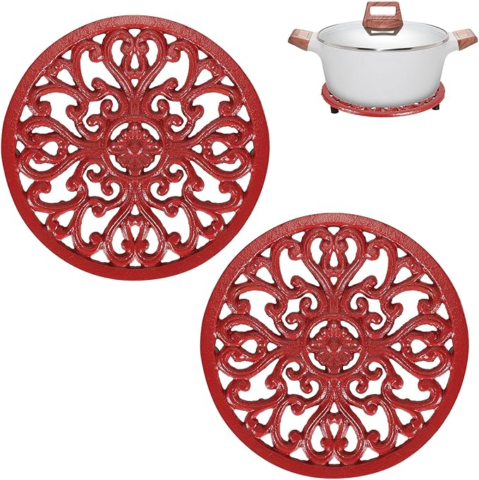 Sumnacon Cast Iron Trivet 2 Pcs 6.7 Inch Iron Trivet for Hot Dish Pot Pan Plate Teapot,Heat Resistant Cast Iron Trivets with Rubber Feets for Kitchen Dining Table Cooktop Stove,Retro Red
