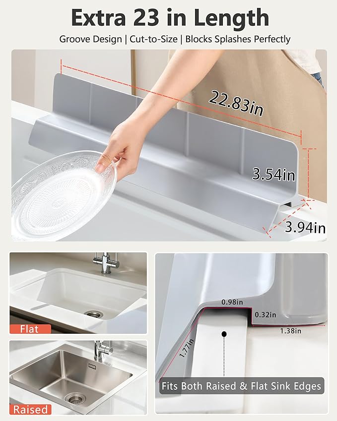 Kitchen Sink Splash Guard 23" 18" Self-Draining Silicone Water Guard with High Splash Wall & Strong Suction Cups for Faucet, Countertop & Sink Edge, Keeps Sinks Dry, Dishwasher Safe, Gray