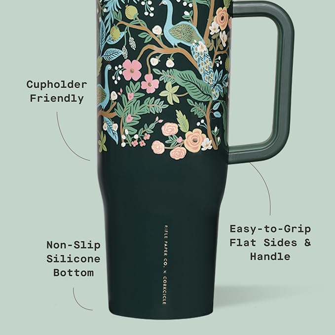 Corkcicle x Rifle Paper Co. Cruiser Insulated Tumbler with Handle & Straw - Keeps Drinks Cold 20 Hours - BPA-Free - Gift for Mom - Great for Mother's Day or Christmas - 40 oz - Peacock Blue