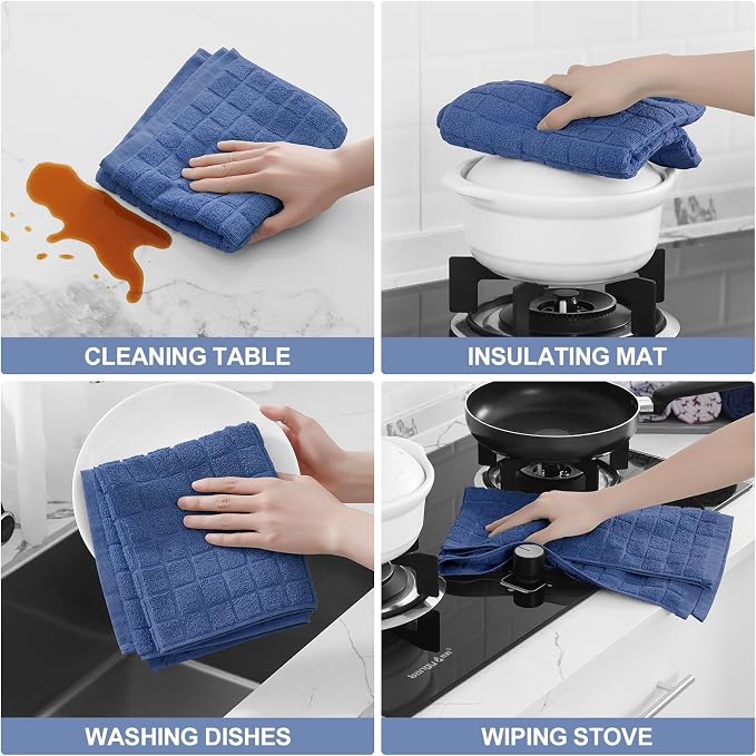 Homaxy Premium Cotton Kitchen Towels 16"x 28", Large Natural Ring Spun 390 GSM Dish Towels, Super Absorbent Terry Kitchen Hand Towels, Soft Tea Towels with Hanging Loop, Pure Navy Blue Design, 4 Pack