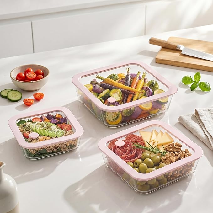 Urban Green Glass Food Container Set with Silicone Glass Lid, 3 Pack, Square Shape, Airtight, LeakProof, 100% Plastic Free, Meal Prep Food Storage Containers
