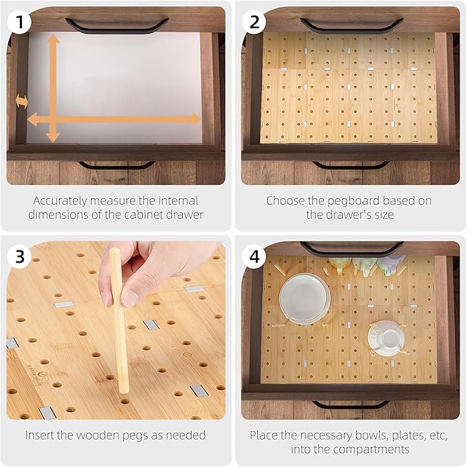 Peg Board Drawer Organizer for Kitchen (30 * 21 inch) | Kitchen Drawer Organizers for Dishes Plates Bowls Condiment Spice | Pegboard Organizer for Cabinet RV Storage