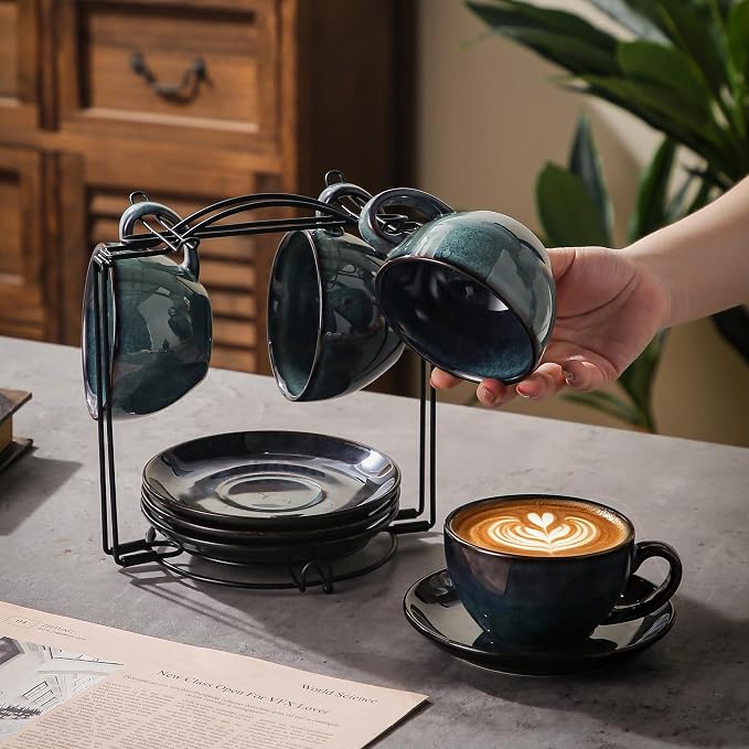 4 Sets of 8 oz Green Reactive Glaze Coffee Cups with Saucers, Ceramic Espresso Cups Set with Black Metal Stand – Unique Variegated Finish Stoneware Demitasse for Latte, Cappuccino or Gift