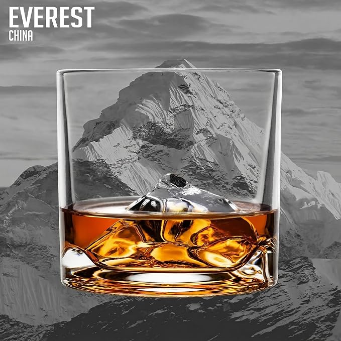 LIITON Mount Everest Heavy Crystal Whiskey Glasses Gift Set of 2, Thick Freezable Bourbon Glass 1lb Each, Premium Whiskey Gifts for Men, Frozen Crystal Chills Cocktails, 10 oz