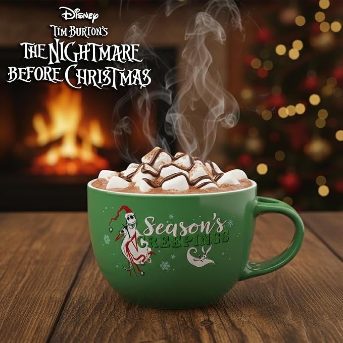 Silver Buffalo Disney Tim Burton's Nightmare Before Christmas Holiday Season's Creepings Jack Skellington Ceramic Soup Mug with Spoon Set, 24 Ounces