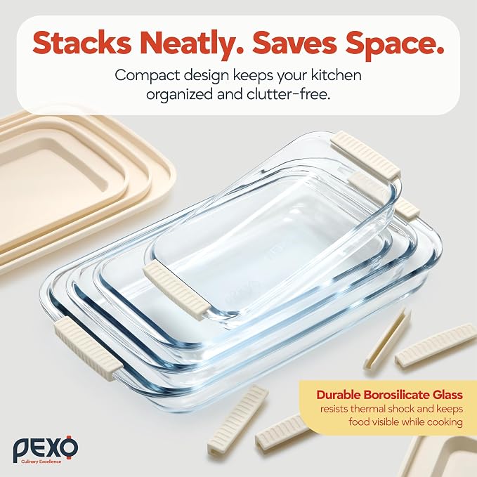 Pexo 8 Piece Glass Baking Dish Set with Plastic Lids, With Silicone Handles for Easy Grip (1.06QT, 1.69QT, 2.32QT, 3.17QT), Clear Glass Casserole Dishes for Oven, Airtight Lids, Glass Bakeware, Freezer, Oven, and Dishwasher safe (White)
