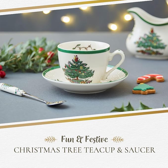 Spode Christmas Tree Teacup & Saucer Set - 7 Oz Earthenware Cup for Tea, Coffee, Cappuccino, Espresso - Holly & Mistletoe Holiday Accents - Holiday Collection Design for Gifting