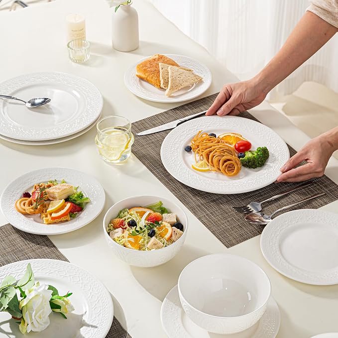 12-Piece Ceramic Dinnerware Set for 4, Athens Palace Relief Dishes and Plates Sets, Includes Plates and Bowls, Elegant High-Temperature Reinforced Porcelain, White