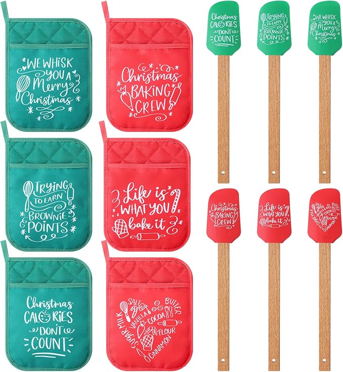 Zhehao 12 Pcs Christmas Silicone Spatulas Pot Holders Set Heat Resistant Pot Holders with Pocket Baking Gifts for Christmas Gift Party Supplies (Classic Christmas Style)