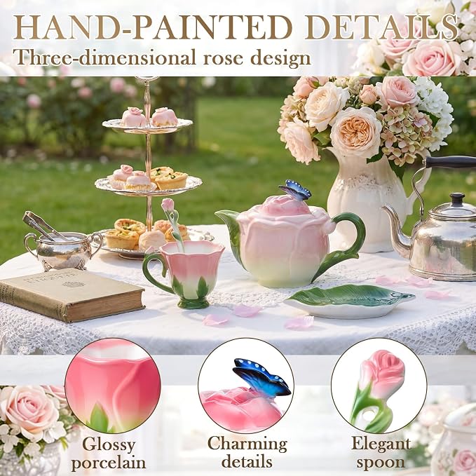 Rose Flower Teapot and Cup Set – 22oz Ceramic Decorative Teapot & 6.8oz Cup with Saucer & Spoon for Women, Pink Hand Painted Vintage Floral Teaware Coffee Mug Gift for Teacher Birthday Wedding