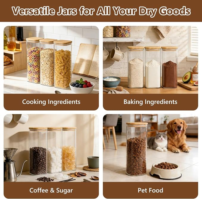 KEYWING 72oz Glass Spaghetti Pasta Storage Containers with Lids, 3-Pack Tall Square Airtight Food Jars for Pantry Noodles Flour Oats Cereal Sugar Beans