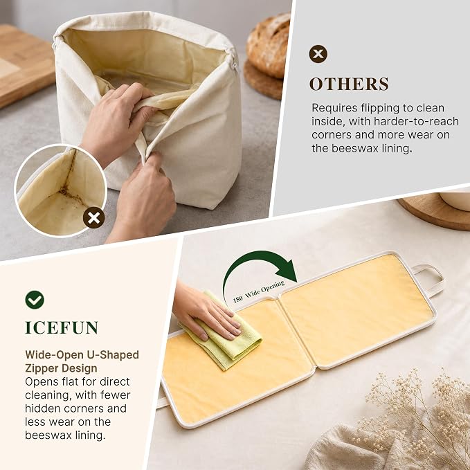 ICEFUN Wide-Opening U-Zipper Beeswax Bread Bag 2 Pack, Beeswax Bread Bags for Sourdough, Easy to Clean Reusable Bread Bag with Dual Zipper Seal and Handles