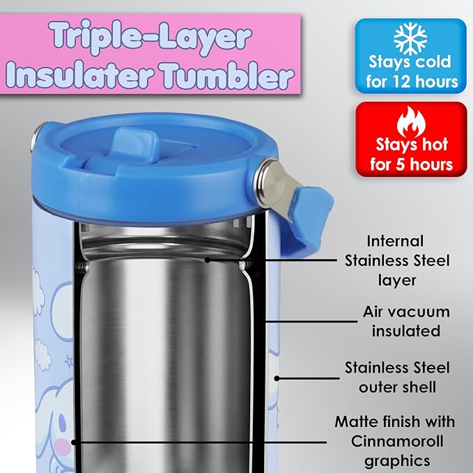 Get Trend Hello Kitty Cinnamoroll 30oz Tumbler with Handle and Straw, Kids Stainless Steel Insulated Water Bottle, BPA-Free, Leak-Proof, Cold for 12h, Hot 5h, Kawaii Gifts for Girls (Blue Cinnamoroll)