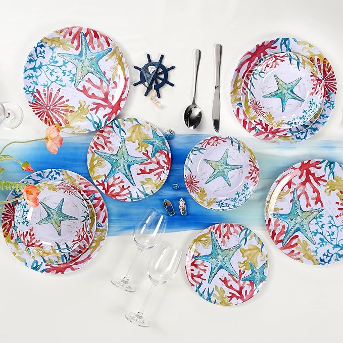 Melamine Dinnerware Set for 4 – 12-Piece Starfish Coral Design Plates and Bowls, Ocean Dishes set, Unbreakable Dinner Set for Indoor Outdoor Use, Dishwasher Safe, Coastal Beach Theme Tableware