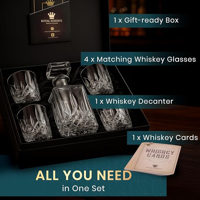 Whiskey Decanter Set by Royal Reserve - Crystal Liquor Bourbon Decanter 24oz 700ml with 4 Glasses in Magnetic Box - Gifts for Men