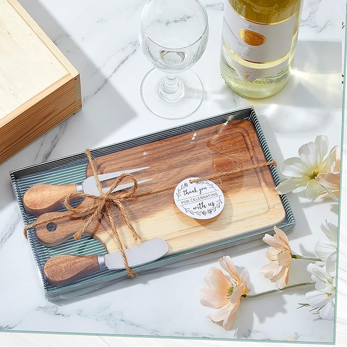 Ziliny 1 Set Bridal Baby Shower Cheese Prizes Wooden Square Board Gift Set Knives Forks Thank You Tags with Box for Guests for Valentines Bridal Baby Shower Housewarming Gifts (Acacia Color)
