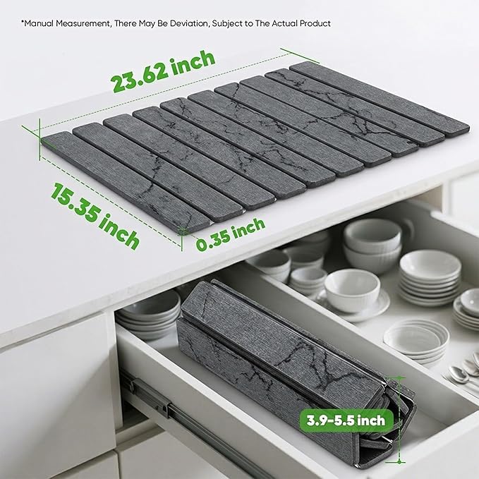 Stone Drying Mat for Kitchen Counter, Quick Diatomaceous Earth Mats for Dishes, 23.6"L x 15.7" W Super Absorbent Fast-Drying Collapsible Countertop Stone Mat (Marble Grey, 24" x 16")
