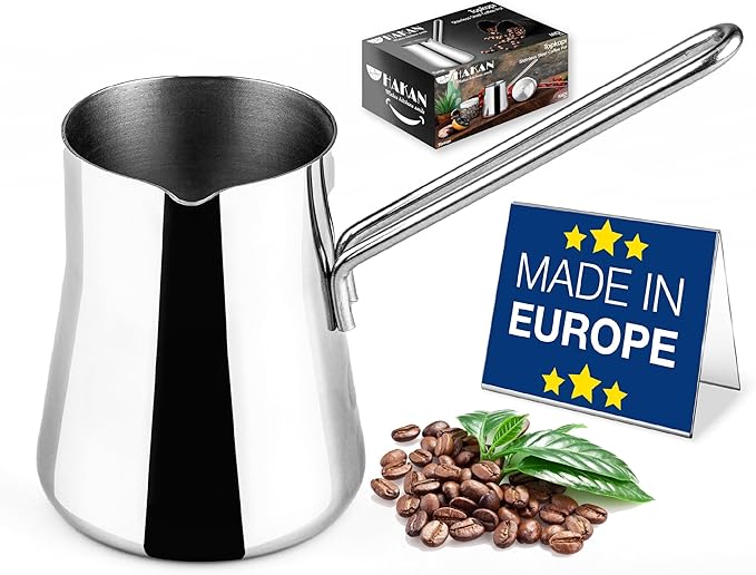 Hakan Turkish Coffee Pot, Greek Arabic Coffee Cezve, Stainless Steel Stove Top Milk Warmer, Chocolate Melting Pot with Spout, Chai Pot, Ibrik, Briki | Large - 20.2 oz. (600 cc)