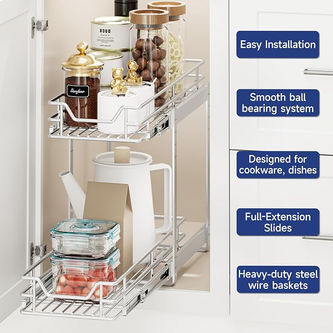 2-Tier Pull Out Cabinet Organizer, 5.5" W x 21.5" D, Heavy Duty Dual Slide Out Shelves for Narrow Base Cabinets, Chrome Wire Basket Drawer for Spices, Bottles & Snacks