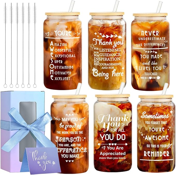 6 Set Employee Appreciation Gifts Bulk, OLSUNOR Personalized Inspirational Thank You Gifts for Graduation Season Coworker 16 oz Can Shaped Beer Glass Cups, Gift Box and Card for Team Women Men Teacher