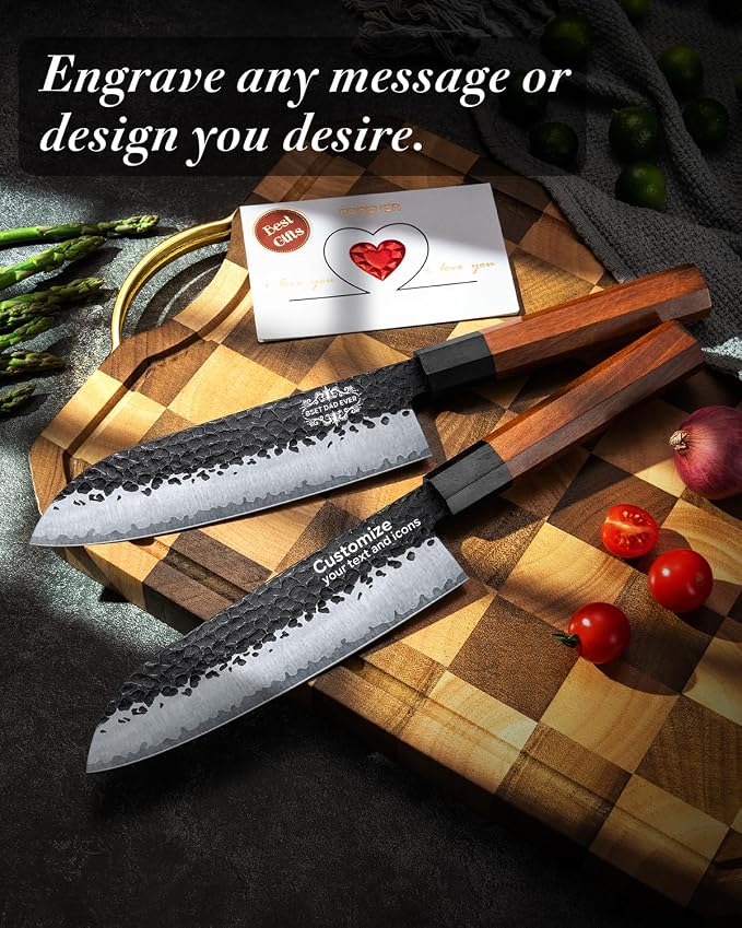 FAMCÜTE Engraved 7‘’ Japanese Santoku Knife, Hand Forged 5-Layer Steel Chef'Knife with Rosewood Handle, Memorial Gifts for husband, Ultra Sharp Kitchen Knife for Dad Birthday Gift (Luxury Wood Box)