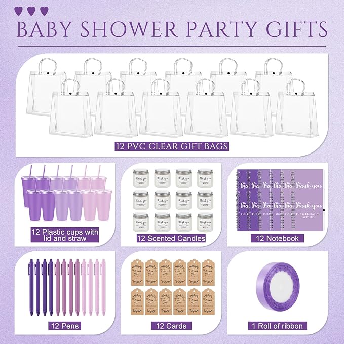 Nuogo 12 Sets New Parent Shower Prizes for Player Winners Adult, Wedding Bridal Shower Gift, Plastic Tumbler Notebook Scented Candle Ballpoint Pen Bag (Gradient Purple,Classic Style)