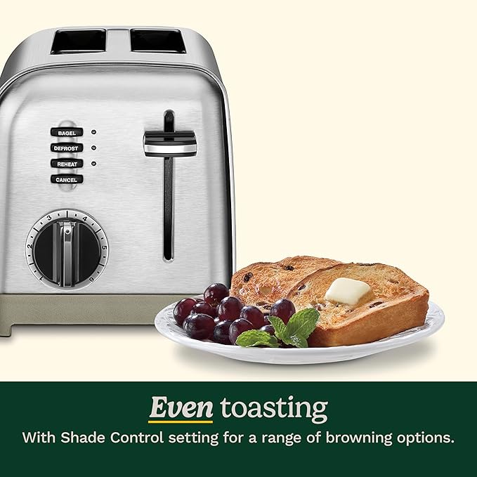 Cuisinart CPT-160P1 Metal Classic 2-Slice Toaster, Brushed Stainless Steel, 6 Shade Settings, 1.5" Wide Slots for Bagels & Bread, Defrost/Reheat Functions, Extra-Lift Lever, Slide-Out Crumb Tray