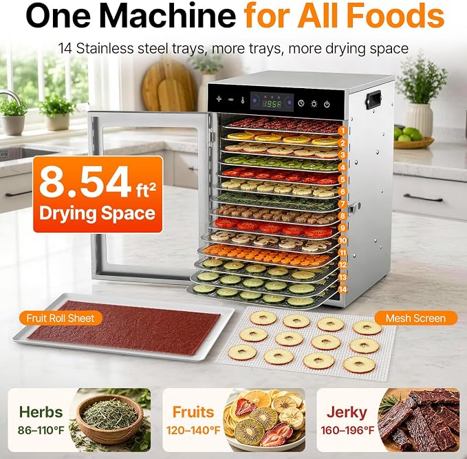 HOPERAN 14 Tray Food Dehydrator Machine for Jerky, Fruit, Herb & Dog Treats | Stainless Steel, Digital Temperature & Timer Control, 2 Fans 800W, Quiet <48dB, Including 2 Mesh Screens & 1 Fruit Roll Tray