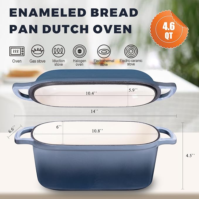 4.6 Quart Dutch Oven for Sourdough Bread Baking, Combo Oval Enameled Cast Iron Bread Pan with Lid, Bread Dutch Oven for a Crispy Crust, Seasalt