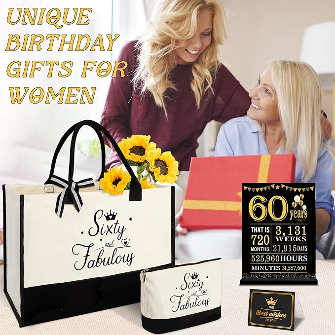 YeohJoy 60th Birthday Gifts for Women 60 and Fabulous Canvas Tote Bag Travel Gear, Unique 60 Years Old Gifts for Wife Sister Mom Aunt Friends Her, Handbag & Cosmetic Bag & 60 Birthday Poster