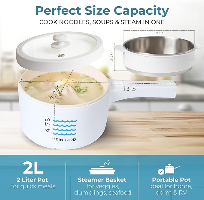 DRINKPOD 2L Electric Hot Pot with Steamer, Portable Multi Cooker for Ramen, Eggs, Soup, Oatmeal Non-Stick Mini Pot with Adjustable Temperature (WHITE)