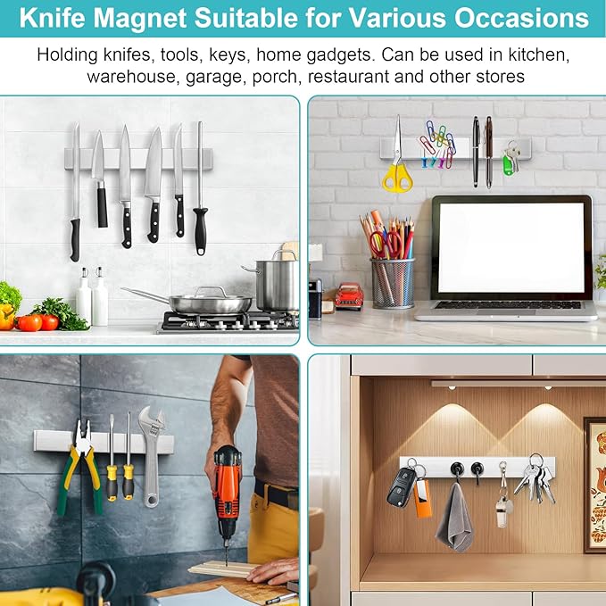 Magnetic Knife Holder for Wall, No Drilling Magnetic Knife Strip Adhesive Knife Holder Magnet Knife Bar, Wall Mount Knife Rack Block Metal Tool Holder for Utensils RV Kitchen Organization, 12 Inch