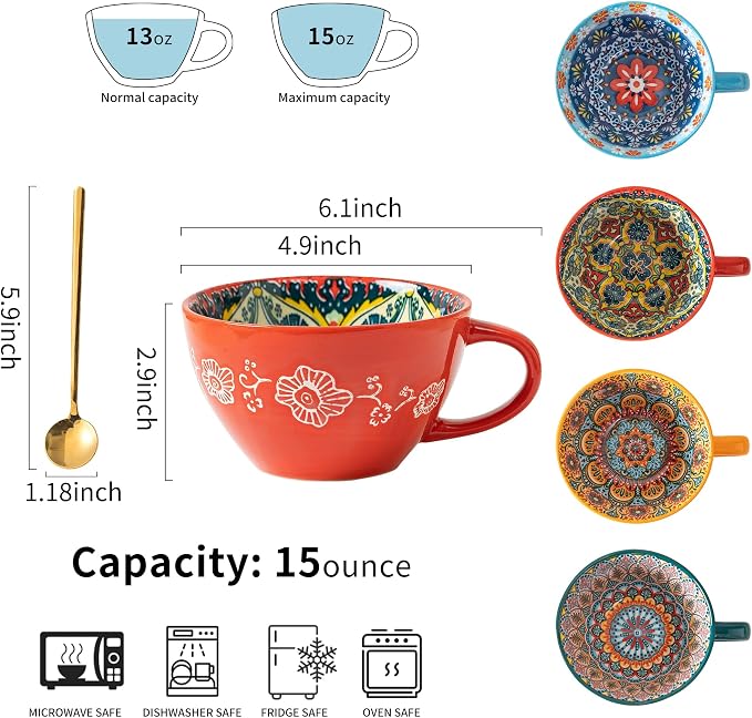Boho Ceramic Coffee Mug Bohemian Style 15 oz/ 450ml Large Cups - Porcelain Cups for Latte, Tea, Cappuccino, Cocoa, Soup, Dishwasher Microwave Safe, Gift Set Bohemian Style (Green)