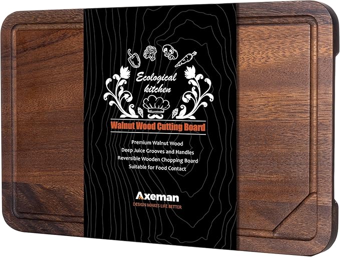 Axeman Walnut Wood Cutting Board with Juice Groove for Kitchen Countertop, Tick American Black-Walnut Wooden Chopping Board Charcuterie Board Butcher Block for Meat Vegetables, 16x10 inch