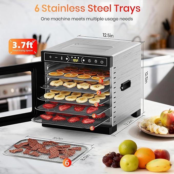 Food Dehydrator Machine, 6 Stainless Steel Trays Fruit Dehydrator with Visible Skylight, 195°F Meat Dehydrator for Jerky, Pet Treats, Herbs, Fruit and Yogurt, Silver