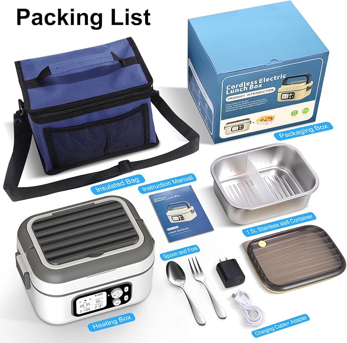 Cordless Electric Heated Lunch Box, 1.5L - 6.3 Cups 100W Rechargeable Smart Self-Heating Food Warmer with Removable Divider, Spoon, Fork, BPA Free, Portable Lunchbox for Car Travel Office