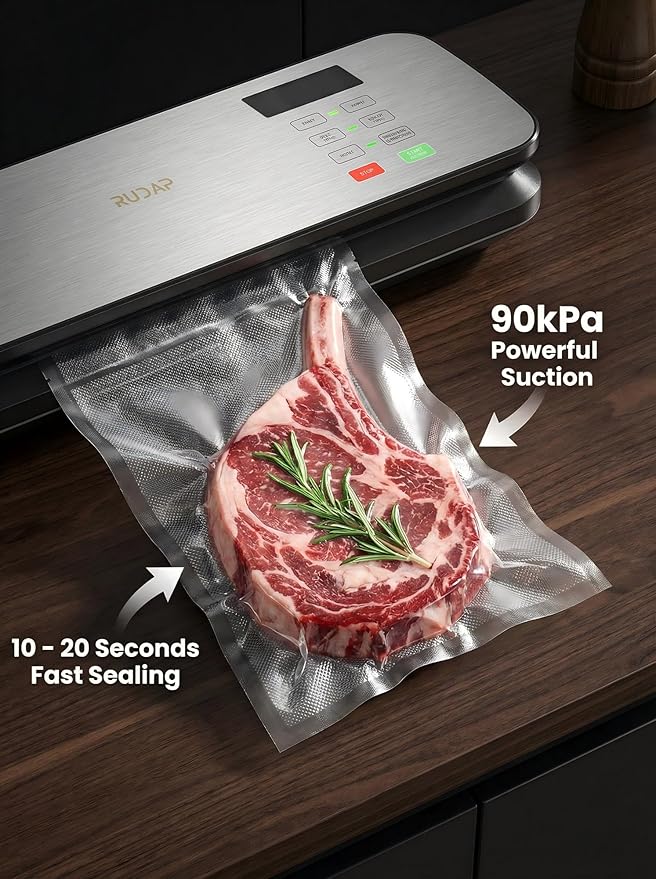 Vacuum Sealer for Food, 90kPA Powerful Food Saver Vacuum Sealer Machine with Digital Kitchen Scale, 12-in-1 Food Vacuum Sealer with Dry & Moist Food Modes, 10 pcs & 1 Roll Vacuum Bags, Starter Kits