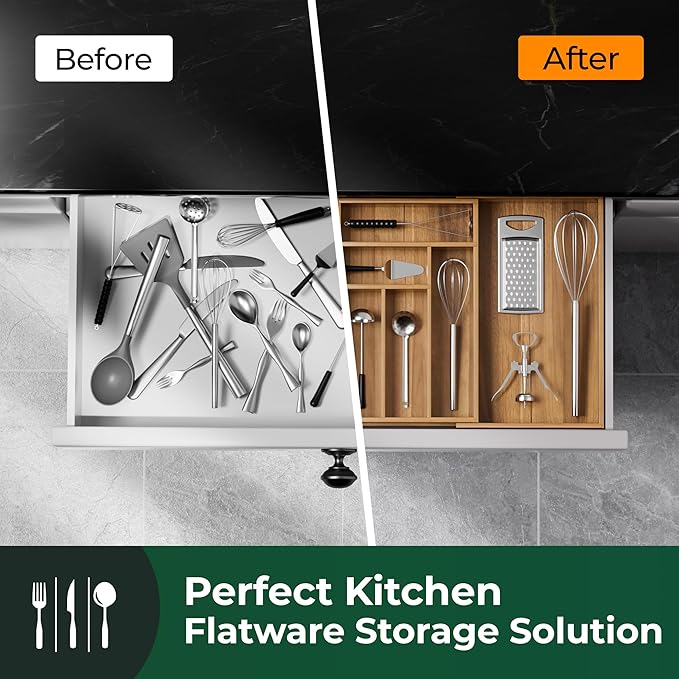 Large Silverware Organizer, 13 Slots Magnetic Connected Expandable Bamboo Utensil Drawer Organizer From 21 to 37.4 Inches, Adjustable Flatware and Cutlery Holder, Utensil Tray for Kitchen Natural