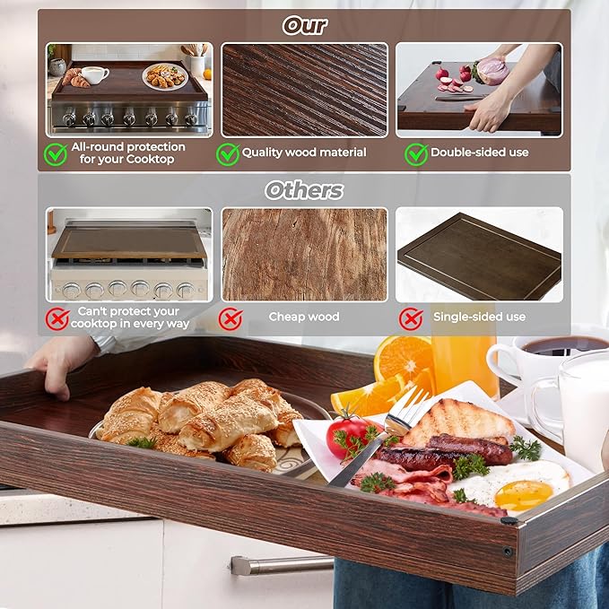 WOLKI Noodle Board Stove Covers for Gas Burners, 30"L x 22"W x 2.4"Th Heavyweight Stove Top Covers for Electric Stove, Buil-in Handles, RV Stove Cover, Wooden Serving Tray, Walnut