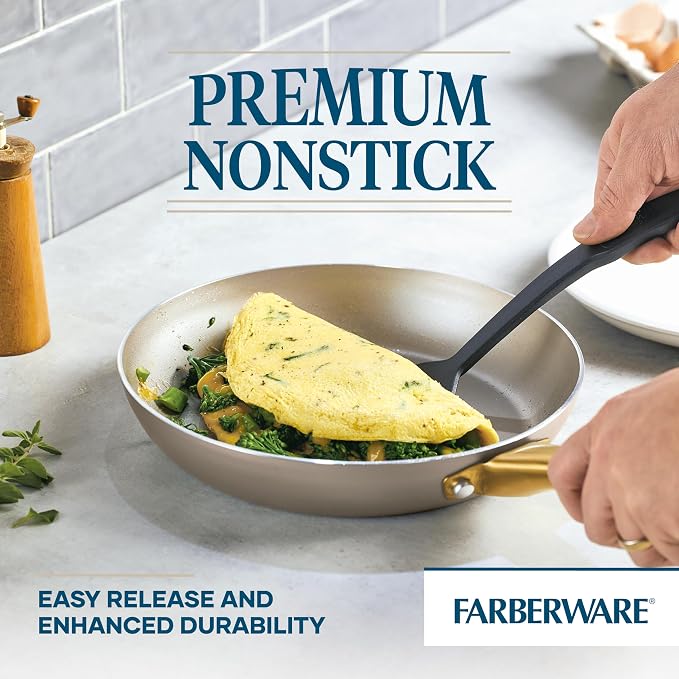 Farberware Radiant Nonstick Cookware/Pots and Pan Set with Lids and Prestige Kitchen Cooking Tools, Dishwasher Safe, 12 Piece, Champagne