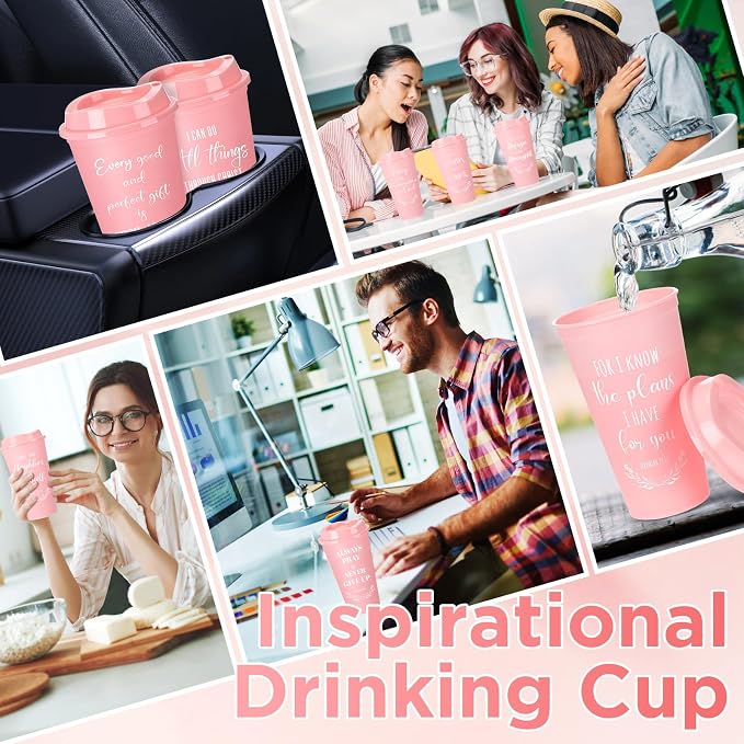 Skylety 20 Pack Bulk Christian Gifts for Men Women 16oz Reusable Bible Verse Tumbler Plastic Coffee Cup with Lid Inspirational Religious Church Gift for Teacher Graduation Party Favor (Pink)