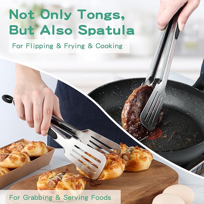 Set of 2 Stainless Steel Spatula Tongs for Cooking and Grilling, 7.67 Inch Pastry Brush Silicone Basting Brush, Comfortable Grip, Dishwasher Safe