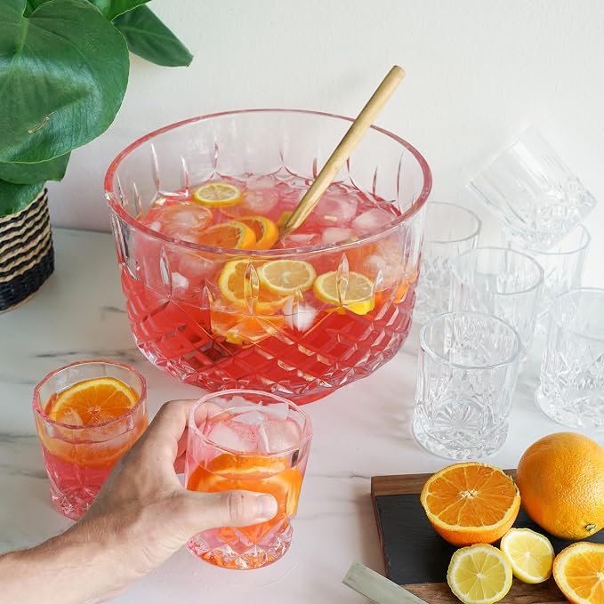 Viski Admiral Punch Bowl Set with 8 Tumblers, Cut Crystal Cocktail Party Serveware, Dishwasher Safe, 2.5 Gallons, 9 Oz Glasses, Set of 9
