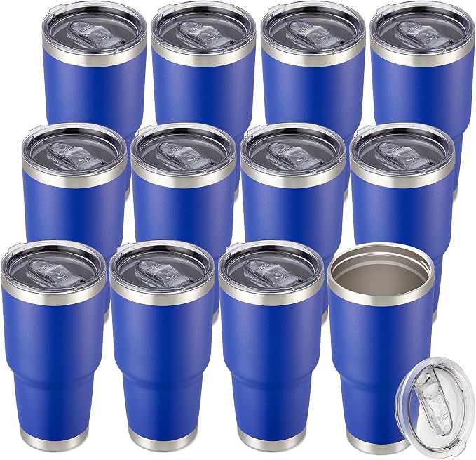 30 oz Tumbler with Lid Stainless Steel Tumblers Bulk Vacuum Insulated Cup Reusable Powder Coated Travel Mug Double Wall Leak Proof Cups Keep Cold Drinks for 12 Hours Blue, Set of 12