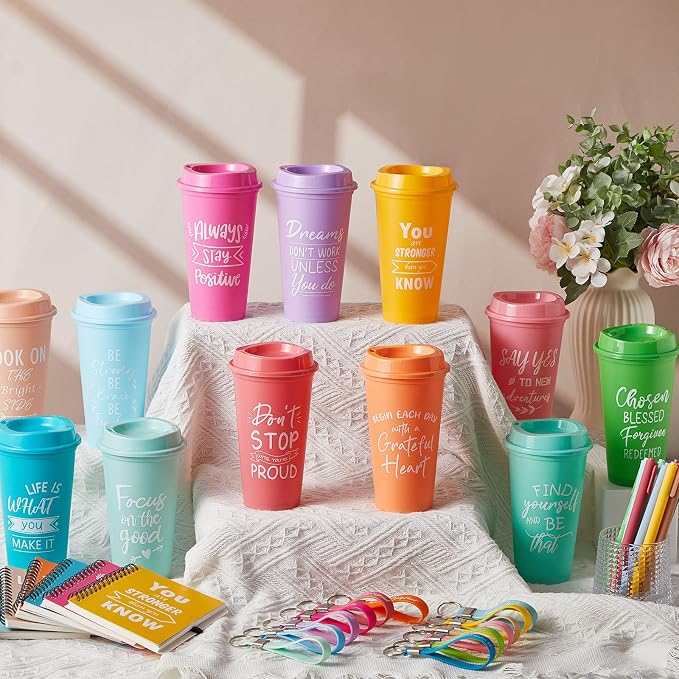 Skylety 24 Sets/96 Pcs Employee Appreciation Gift Baskets Bulk 16oz Inspirational Coffee Cup with Spiral Notebook, Pen & Keychain, Thank You Gifts for Staff, Teacher,Coworker, Team (Pastel Color)